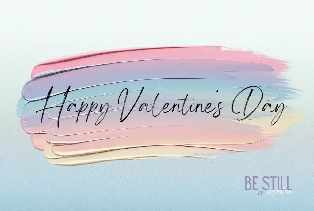Pastel blue background with pastel paint spear and overlay text that reads: Happy Valentine's Day