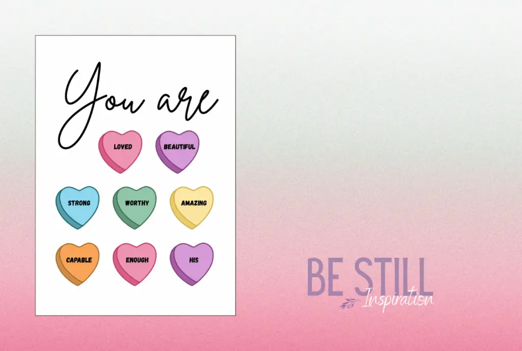Affirmation candy hearts printable on pink background.